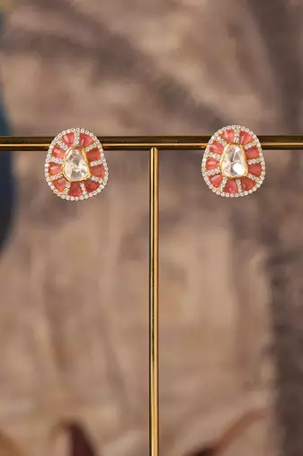Gold plated pink stone polki studs in sterling silver