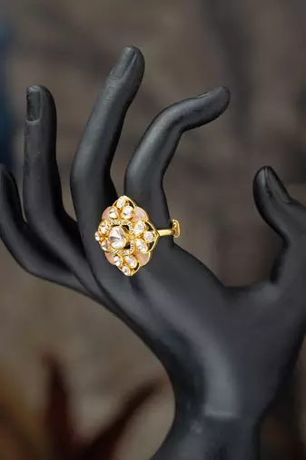 Gold plated  pink stone kundan ring in sterling silver
