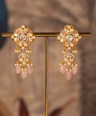 Gold plated pink polki jhumkas in sterling silver 1