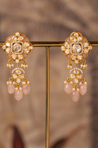 Gold plated pink polki jhumkas in sterling silver