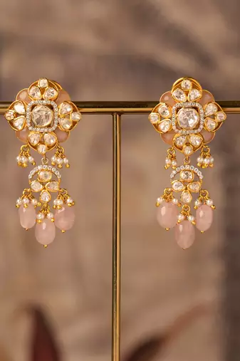 Gold plated pink polki jhumkas in sterling silver