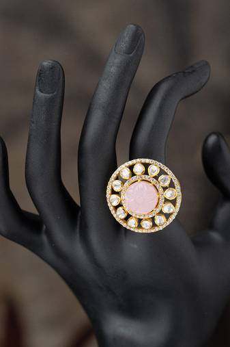 Gold plated pink stone kundan ring in sterling silver