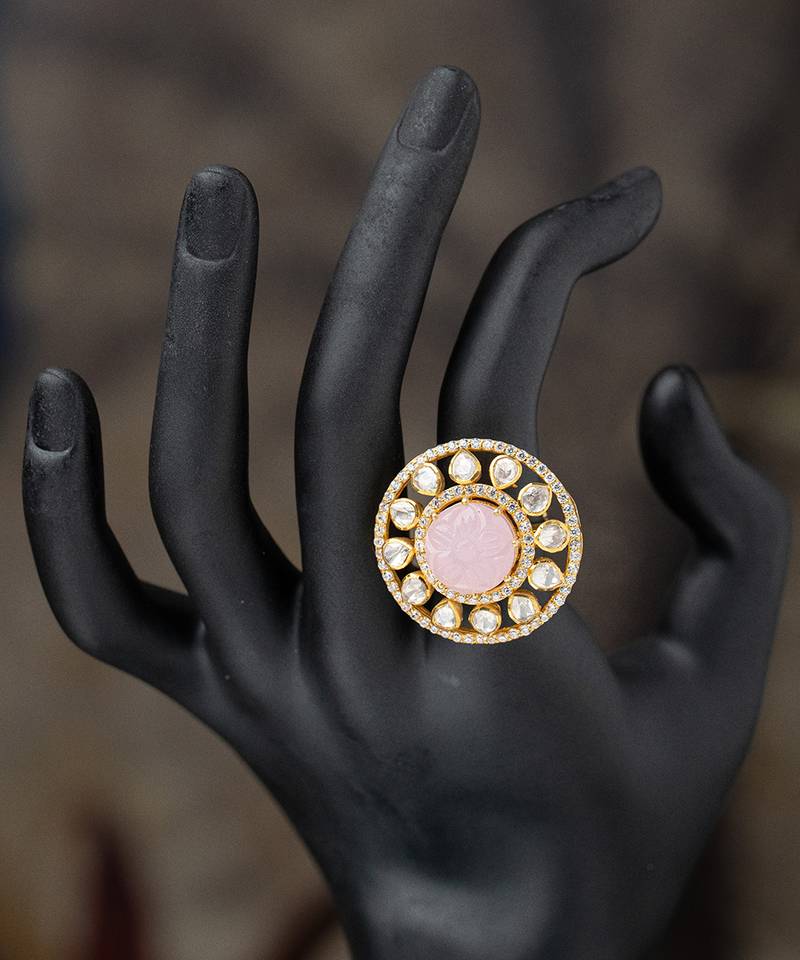Gold plated pink stone kundan ring in sterling silver