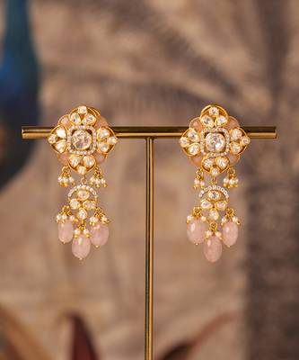 Gold plated pink polki jhumkas in sterling silver 2