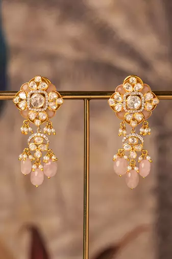 Gold plated pink polki jhumkas in sterling silver
