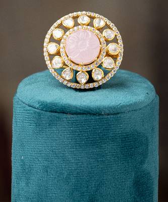 Gold plated pink stone kundan ring in sterling silver 2
