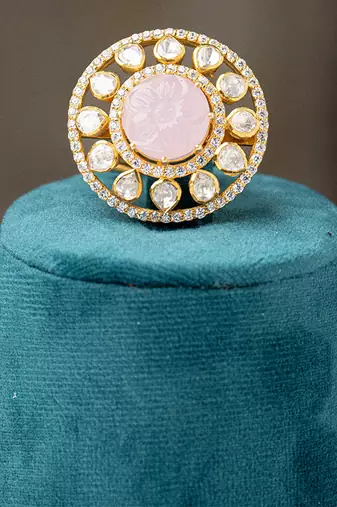 Gold plated pink stone kundan ring in sterling silver