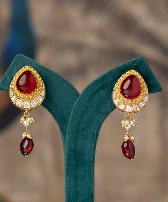 Gold plated red stone polki jhumkas in sterling silver 1