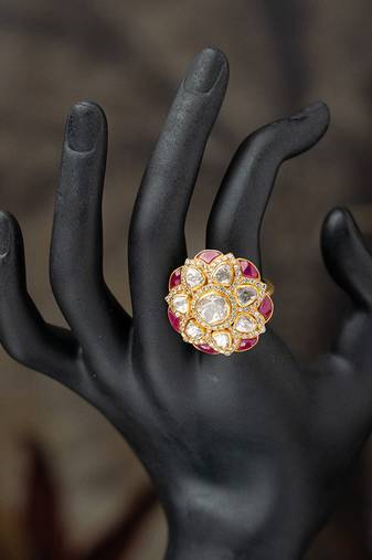 Gold plated  pink stone kundan ring in sterling silver