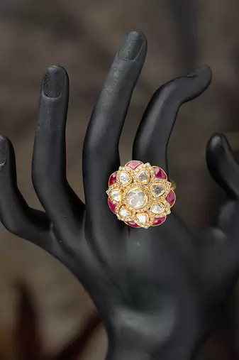 Gold plated  pink stone kundan ring in sterling silver