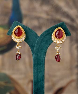 Gold plated red stone polki jhumkas in sterling silver 2