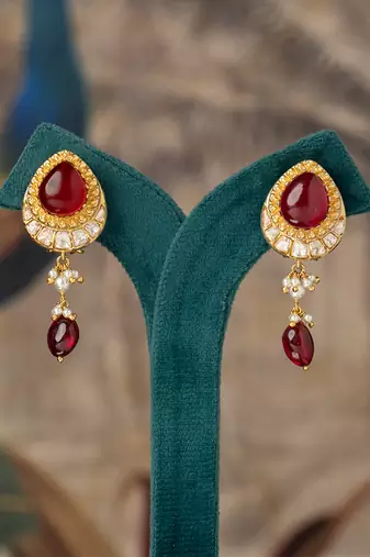 Gold plated red stone polki jhumkas in sterling silver