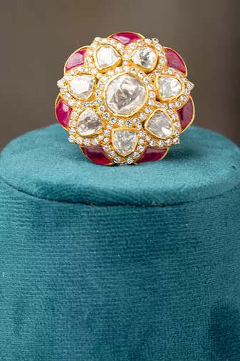 Gold plated  pink stone kundan ring in sterling silver