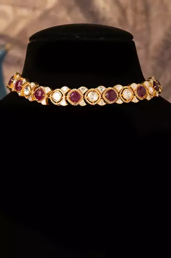 Gold plated  red stone kundan necklace in sterling silver