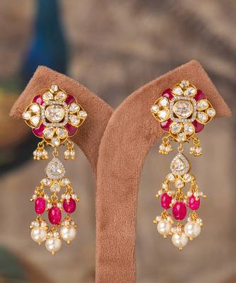 Gold plated pink beads jhumkas in sterling silver 1