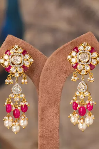 Gold plated pink beads jhumkas in sterling silver