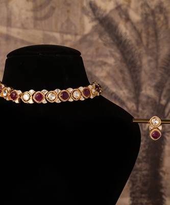 Gold plated  red stone kundan necklace in sterling silver 2