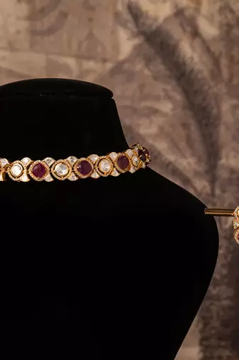 Gold plated  red stone kundan necklace in sterling silver