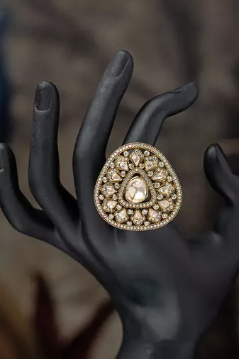 Gold plated kundan ring in sterling silver
