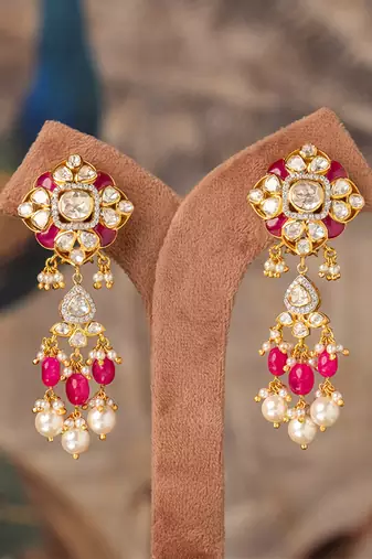 Gold plated pink beads jhumkas in sterling silver