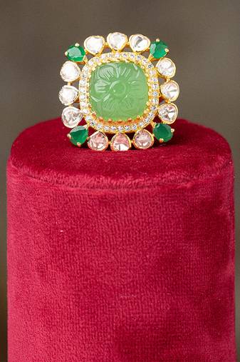 Gold plated  green stone kundan ring in sterling silver