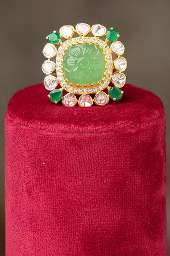 Gold plated  green stone kundan ring in sterling silver