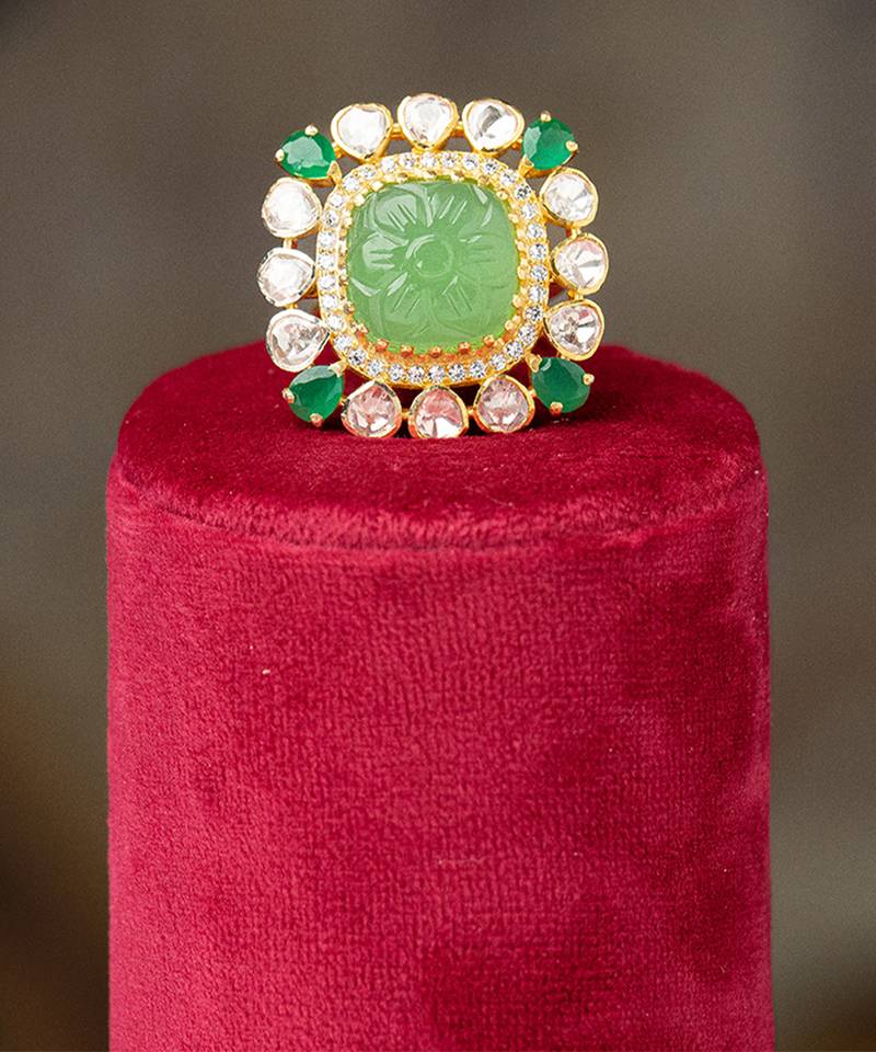 Gold plated  green stone kundan ring in sterling silver