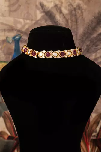 Gold plated  red stone kundan necklace in sterling silver
