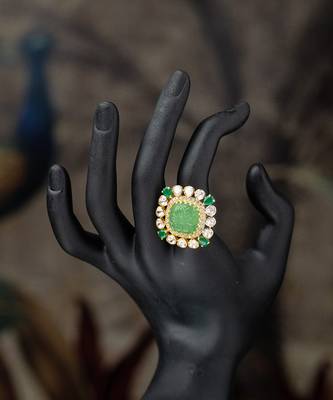 Gold plated  green stone kundan ring in sterling silver 2