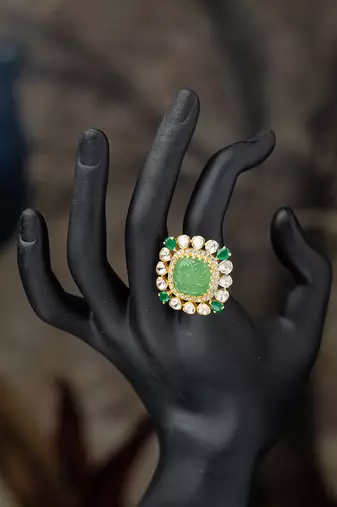 Gold plated  green stone kundan ring in sterling silver