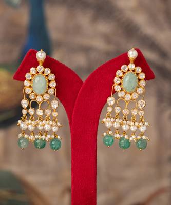 Gold plated green stone jhumkas in sterling silver 2