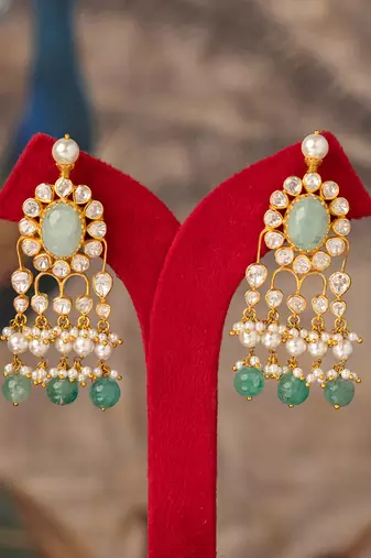 Gold plated green stone jhumkas in sterling silver