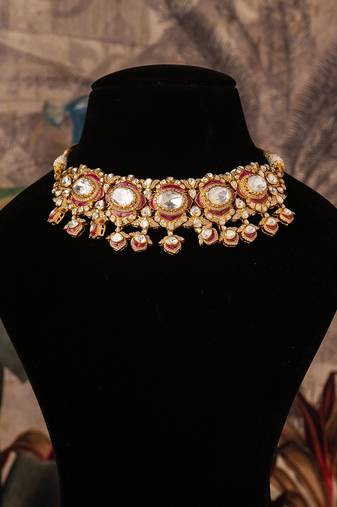 Gold plated  red stone kundan necklace in sterling silver