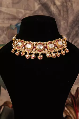 Gold plated  red stone kundan necklace in sterling silver