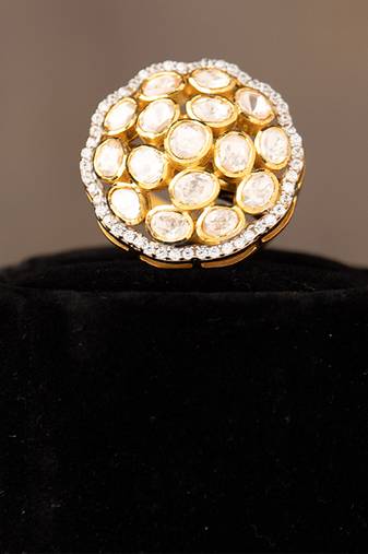 Gold plated kundan ring in sterling silver