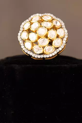 Gold plated kundan ring in sterling silver