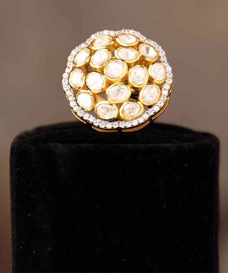 Gold plated kundan ring in sterling silver
