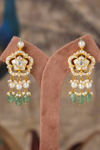 Gold plated green beads jhumkas in sterling silver