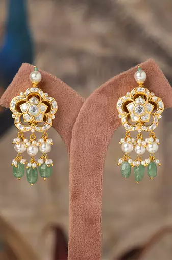 Gold plated green beads jhumkas in sterling silver