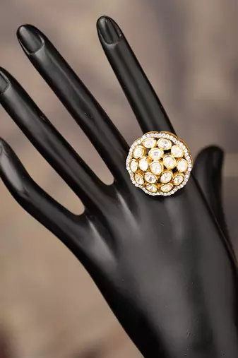 Gold plated kundan ring in sterling silver