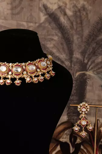 Gold plated  red stone kundan necklace in sterling silver