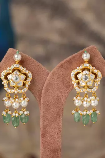 Gold plated green beads jhumkas in sterling silver