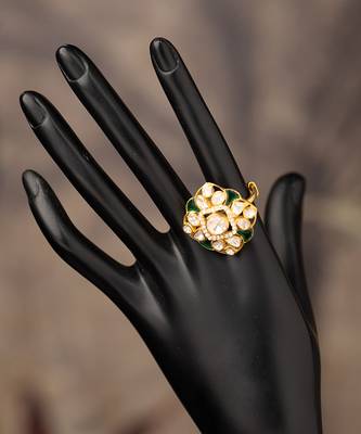 Gold plated green stone kundan ring in sterling silver 1