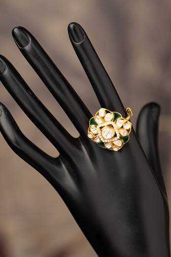 Gold plated green stone kundan ring in sterling silver
