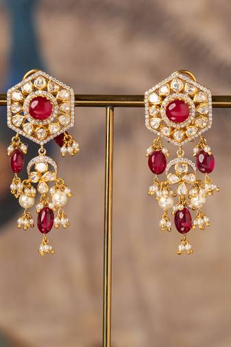 Gold plated red beads jhumkas in sterling silver