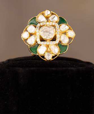 Gold plated green stone kundan ring in sterling silver 2