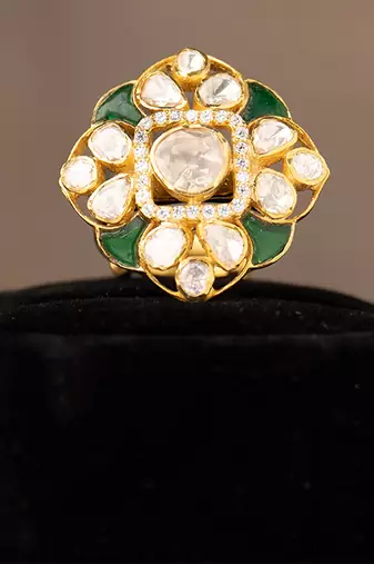 Gold plated green stone kundan ring in sterling silver