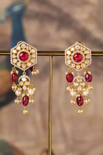 Gold plated red beads jhumkas in sterling silver