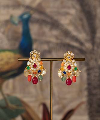 Gold plated multicolor polki jhumkas in sterling silver 1