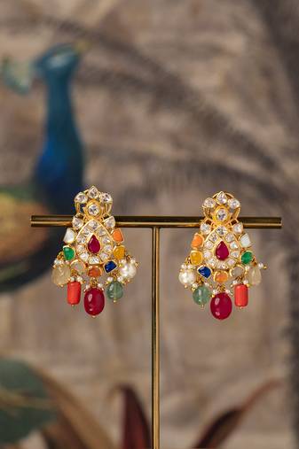 Gold plated multicolor polki jhumkas in sterling silver